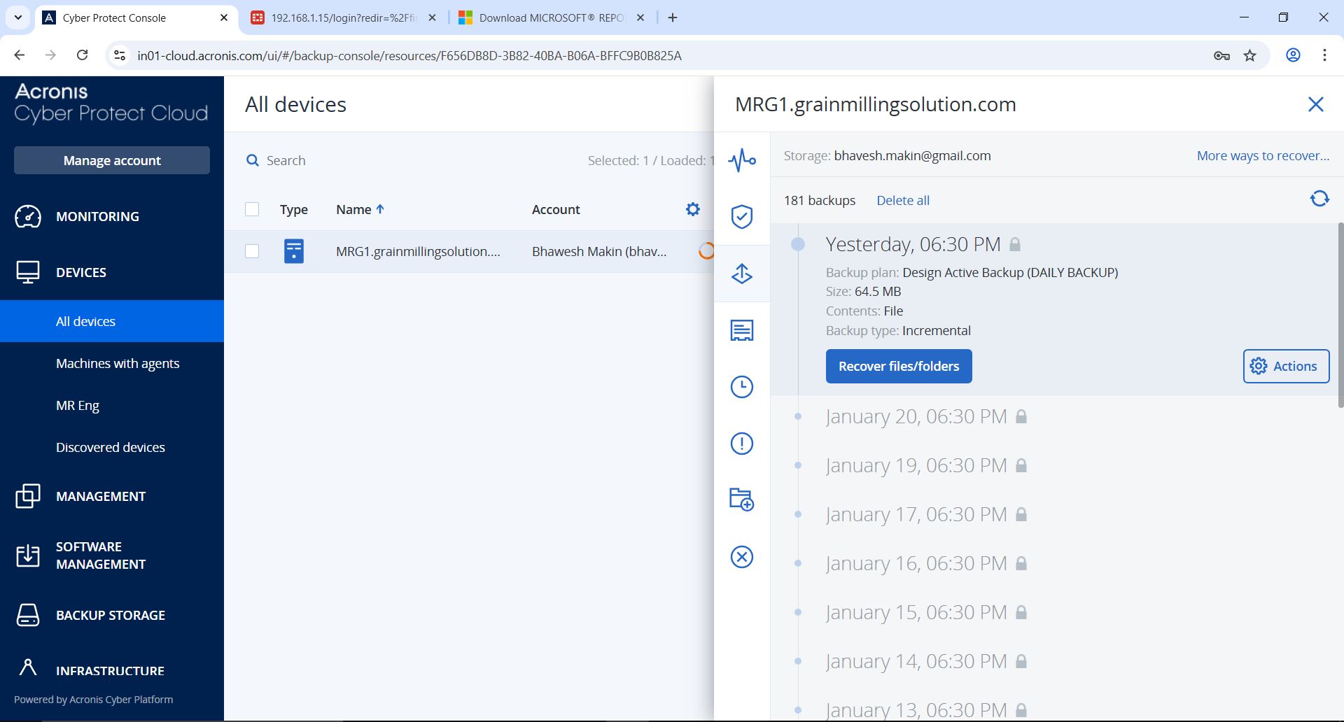 Screenshot of Acronis Cyber Protect Backup and Recovery dashboard