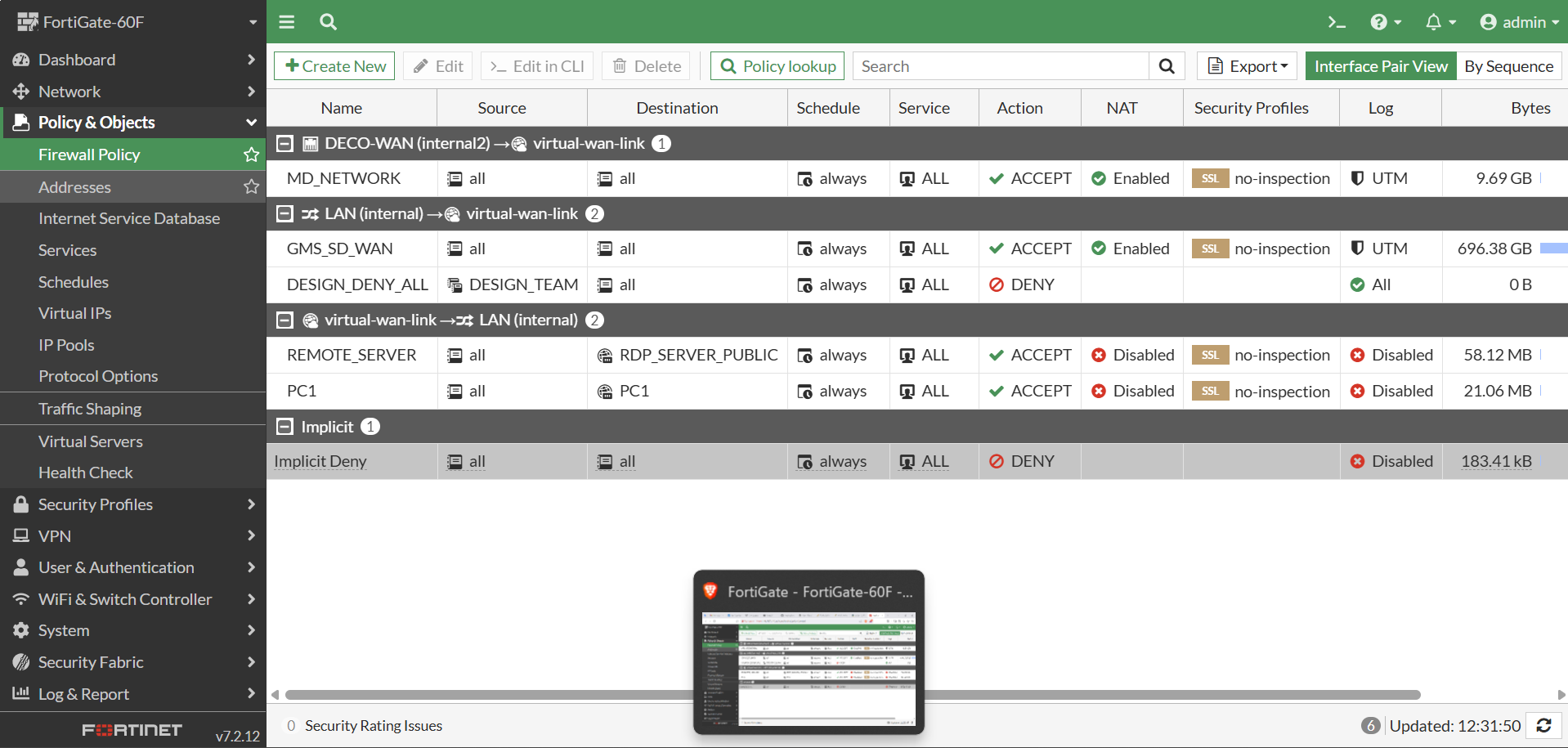 Screenshot of Fortinet IPv4 Security Policies and Traffic Rules