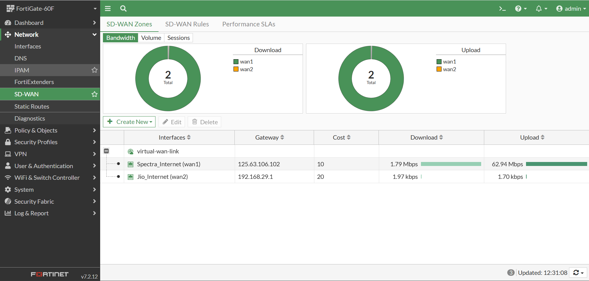Screenshot of SD-WAN Zone setup with Jio and Spectra ISP lines