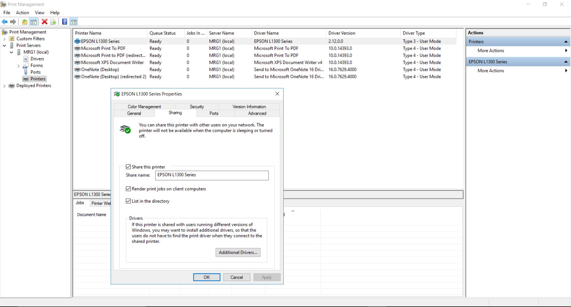 Screenshot of Enterprise Print Management configuration